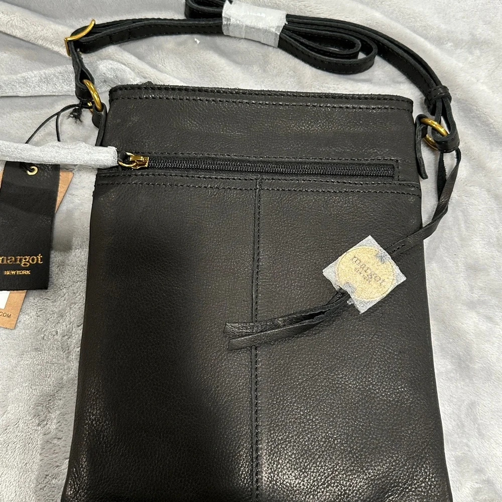Margot Split Pocket Black Leather Crossbody Bag NEW